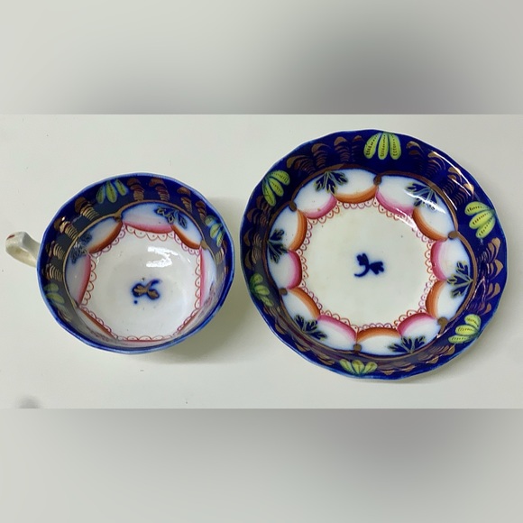 19th Century Antique Gaudy Welsh Banana Pattern Teacup & Saucer Set - Picture 8 of 10